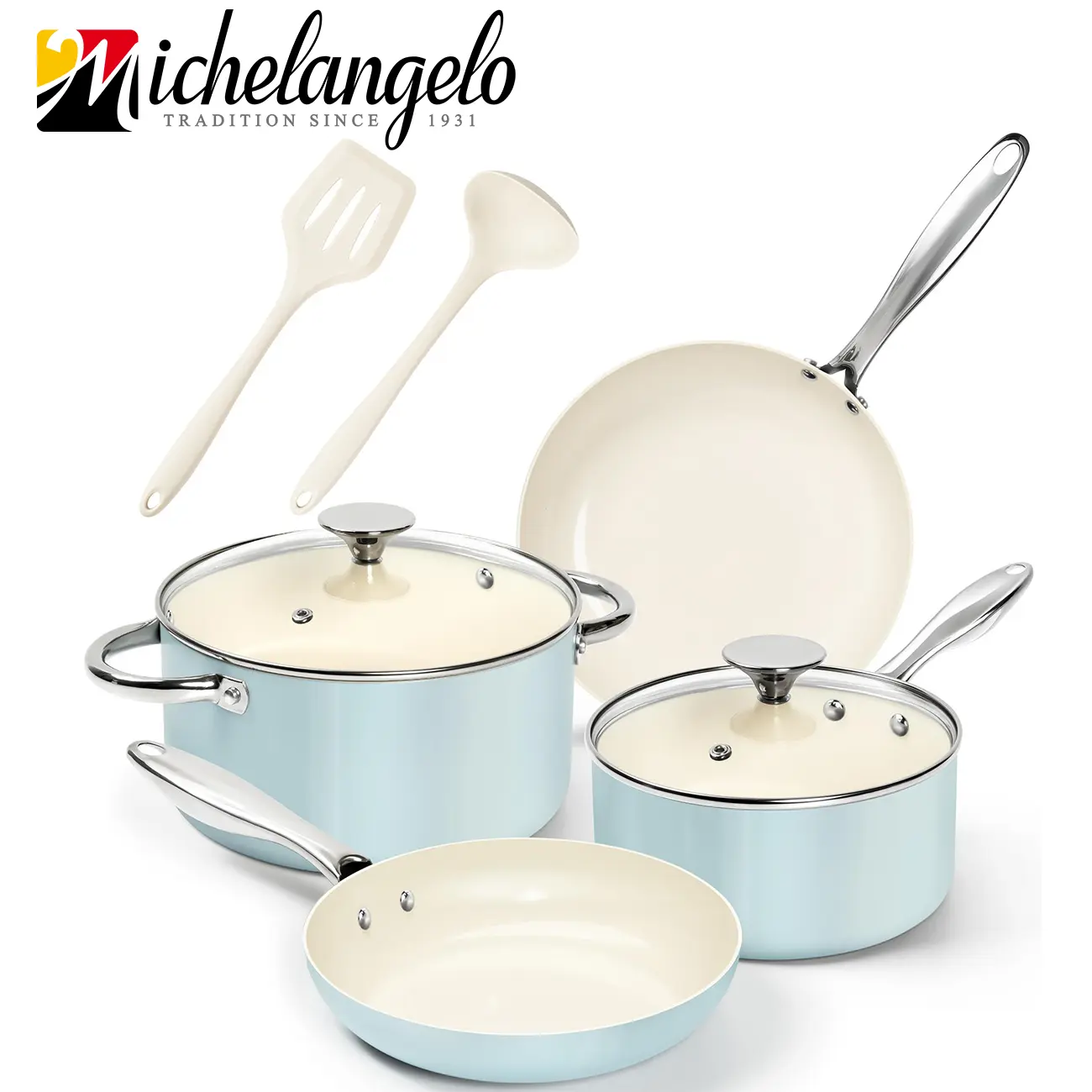 MICHELANGELO  Nonstick Ceramic Cookware Set, Fast Heating Aluminum Pots and Pans, Oven Safe up to 500°F, Includes 8" & 9.5" Frying Pans, 2 Qt Saucepan, 4 Qt Soup Pot and Silicone Utensils