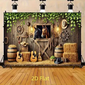 1pc 2D FLAT 243.84x182.88cm Polyester Party Banner Rustic Country Barn Scene Backdrop Farmhouse Musical Instruments Horses Design Versatile Indoor Outdoor Decor for Room Studio Home Garden Celebrations