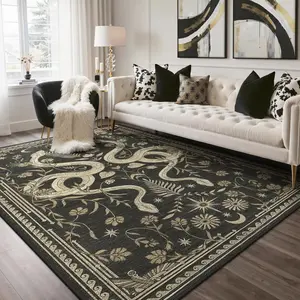 【Deals For You Days】GENIMO Snake Area Rug, Animal Jungle Machine Washable Living Room Rug, Non Slip Black Golden/Multi Rugs for Bedroom, Low Pile Soft Stain Resistant Floral Rugs for Office Dining Room