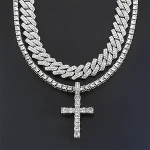Inlaid synthetic zircon cross pendant Cuban chain set, hip-hop layered necklace, suitable for street and party styles Vintage statement jewelry classic cross pendant Father's Day gift Mother's Day gift mariner high end elegant simple