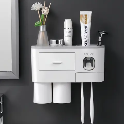 Wall Mounted Plastic Toothbrush Storage Holder - Automatic Dispenser for Convenience, Multi-Compartment Magnetic Design, Toothpaste Squeezer, 1 Cosmetic Drawer Organizer, Easy to Clean Traditional Bathroom Home Supply,home decor