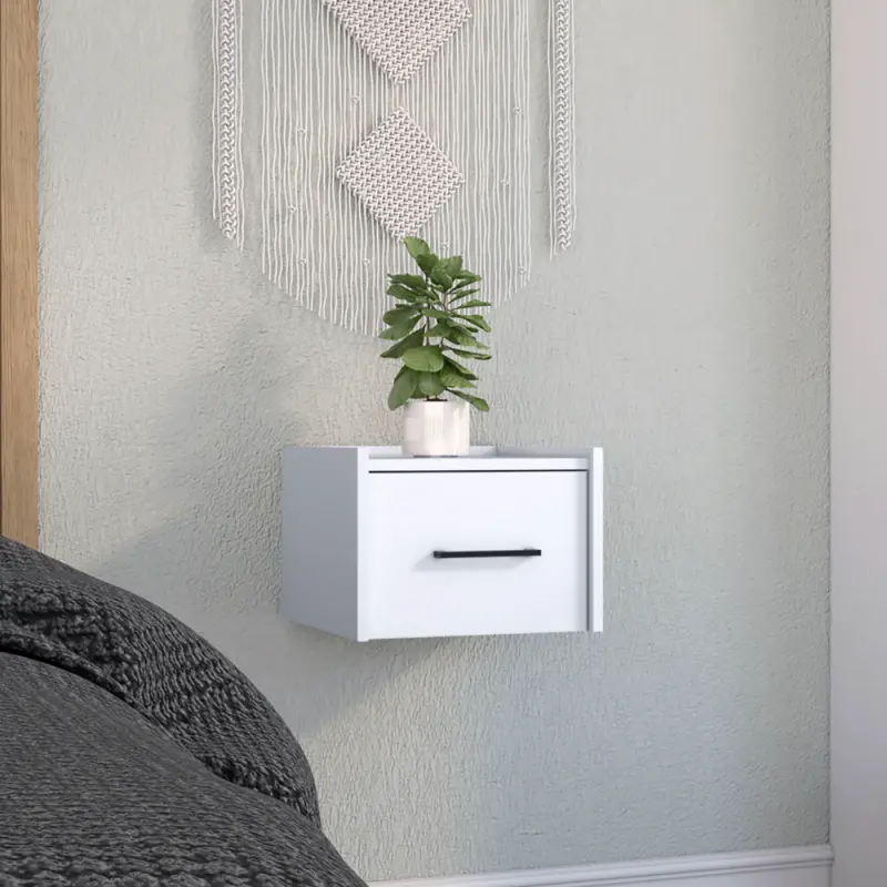 Boa Floating Nightstand End Table Side Table Wall-Mounted Single Drawer Design with Handle- White - Bedroom