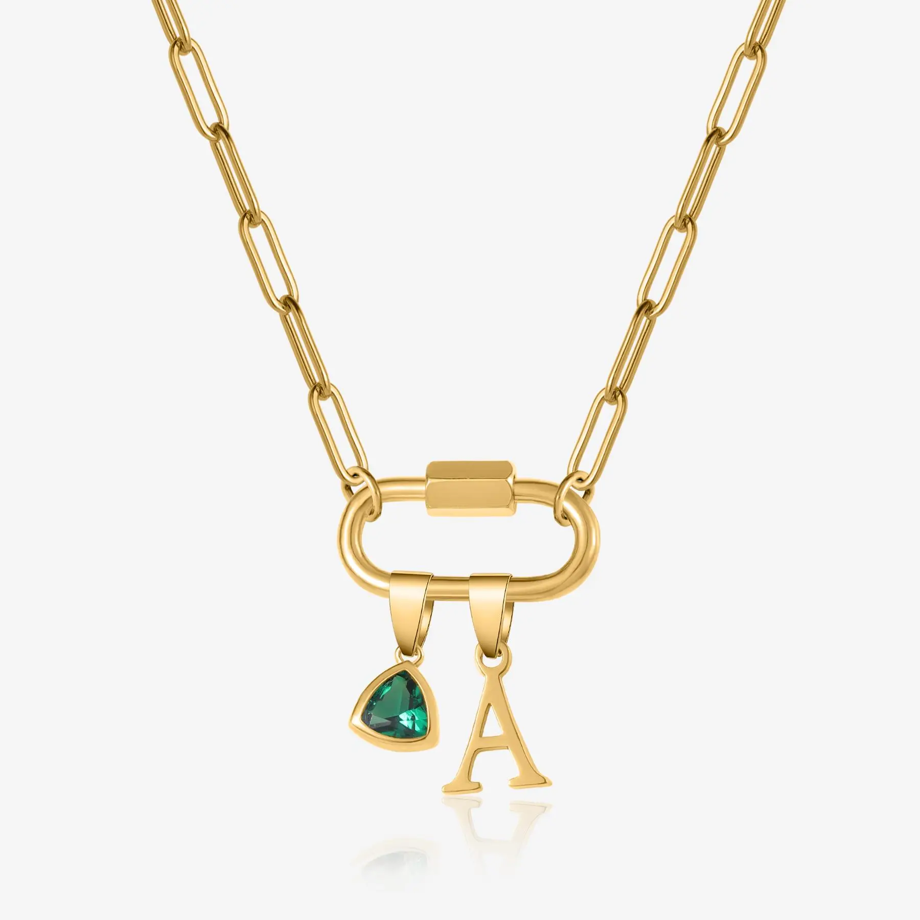 Personalized Carabiner Lock Initial Birthstone Charm Necklace 18K Gold Plated Stainless Steel Waterproof Pendant Triangle Stone Charm  Mother's Day Gift for Women Wife Girlfriend
