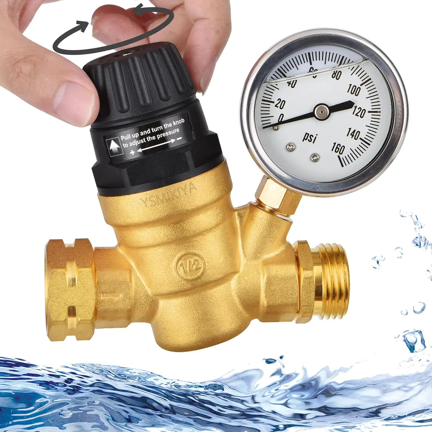 RV Water  Regulator Valve with Handle Adjustable,  Oil Gauge, Double Filters,Made of Leadless Brass,0-160 PSI Gauge,3/4" Connector for Camper Travel Trailer Water  Control