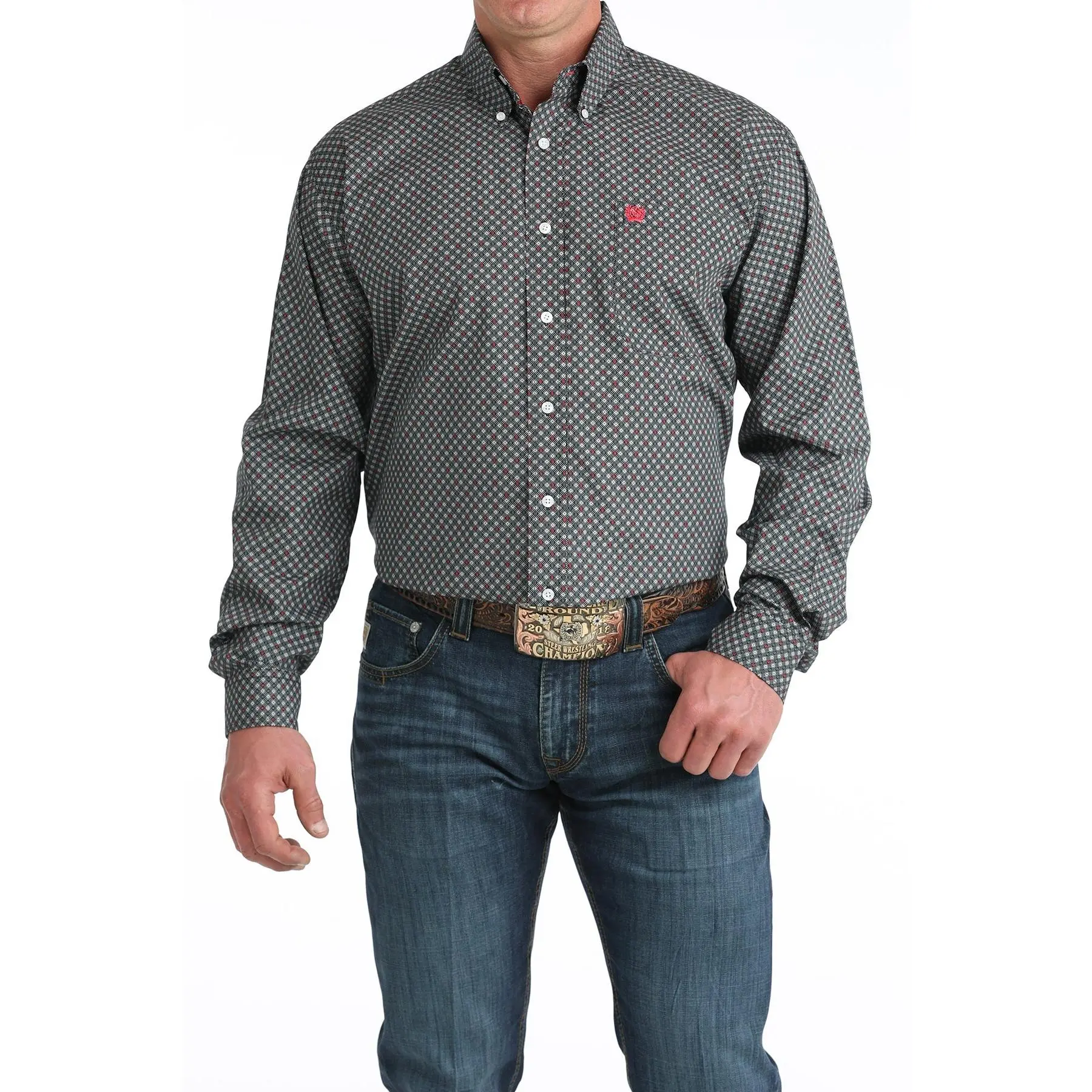 CINCH Men’s Traditional Long-Sleeve Western Button-Down Denim Shirt, Classic Black, Casual Menswear with Geometric Pink & Teal Print, Durable Fabric, Long Sleeves, Top, Longsleeves, Ranch, Rodeo