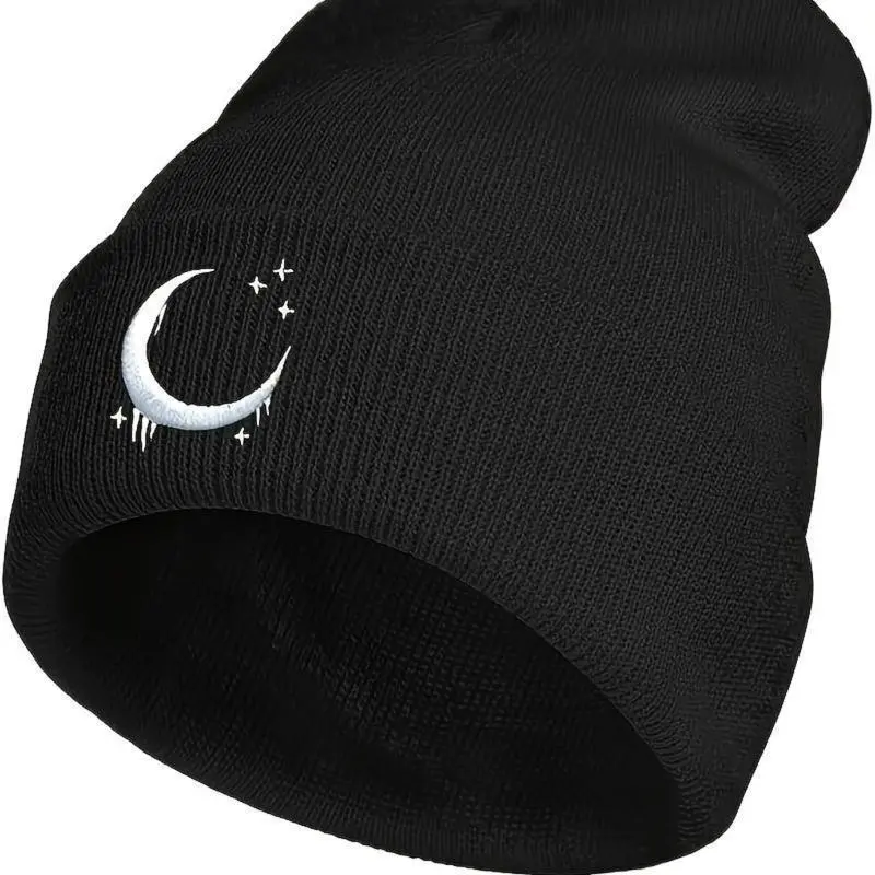Women's Gothic Aesthetics Knitted Cotton Beanie - Female Fit, Crescent & Stars Embroidery, Warm Skull Cap for Adults, Winter Outdoor Sports & Casual Wear, Friends And Family, Knit Warmth, Romantic Motif, Winter Sports, Black, Cozy Knitwear, Knitted Warmth