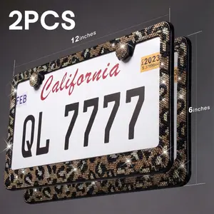 Queen’s Land 2PCS Bling Leopard License Plate Frames with Crystal Rhinestones, Sparkle Girly Car Accessories, Bling Car Decor for Girls Women Pink Red Black Leopard Car Accessories for Truck SUV