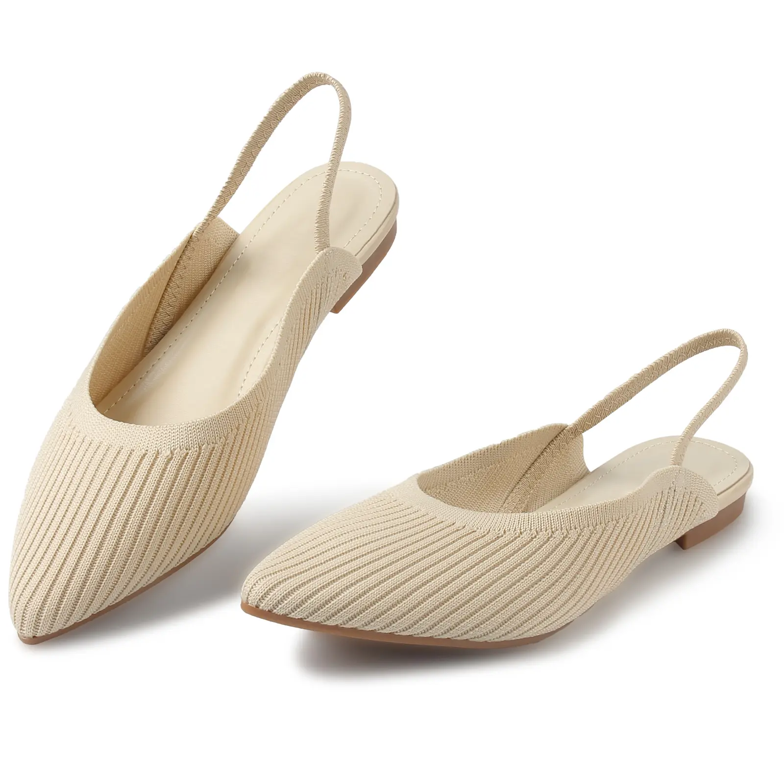 MUSSHOE Women's Pointed Toe Knit Breathable Slingback Flats - Elastic Back Strap Slip-On Mules, Casual Flat Sandals for Work, Office Wear