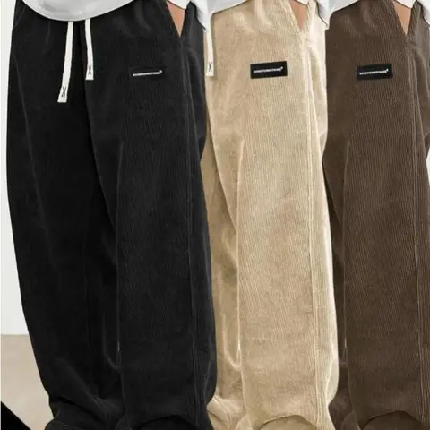 Men's 3-Pack Wide Retro Corduroy Street Vibe Baggy Sweatpants - Black,Brown,Green,Grey,Khaki - Loose Fit,Elastic Waist,Drawstring,Patch Logo,Polyester - Autumn Winter Mix-and-Match Bottoms - S-3XL Adjustable Menswear Pants,Corduroy Vibes