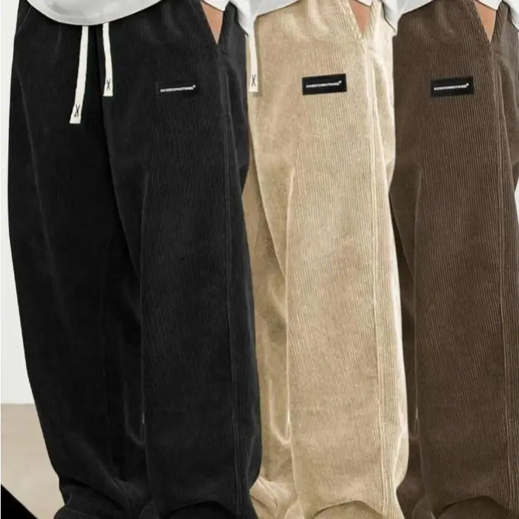 Men's 3-Pack Wide Retro Corduroy Street Vibe Baggy Sweatpants - Black,Brown,Green,Grey,Khaki - Loose Fit,Elastic Waist,Drawstring,Patch Logo,Polyester - Autumn Winter Mix-and-Match Bottoms - S-3XL Adjustable Menswear Pants,Corduroy Vibes