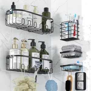 Shower  Bathroom Storage Shelves, 5 Pack Large Capacity Adhesive Shower Organizer with Soap Dishes & 12 Hooks,  Holder, Rustproof Showers Racks - Black