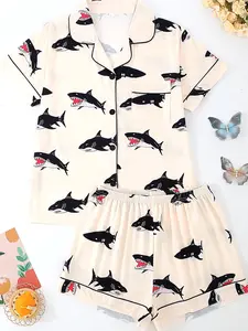 Summer Cool 2-Piece Pajama Set for Women - Shark Pattern. Features a lapel short-sleeve button-front top and loose elastic-waist LQ5E
