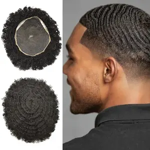 Full Lace Afro  Kinky Curly Toupee For Black Men African American Human Hair Unit 100% Brazilian Hair Afro Wave Man Hairpiece Lace Front Bleached Knots Natural Hairline Black Grey Blonde Hair Systems