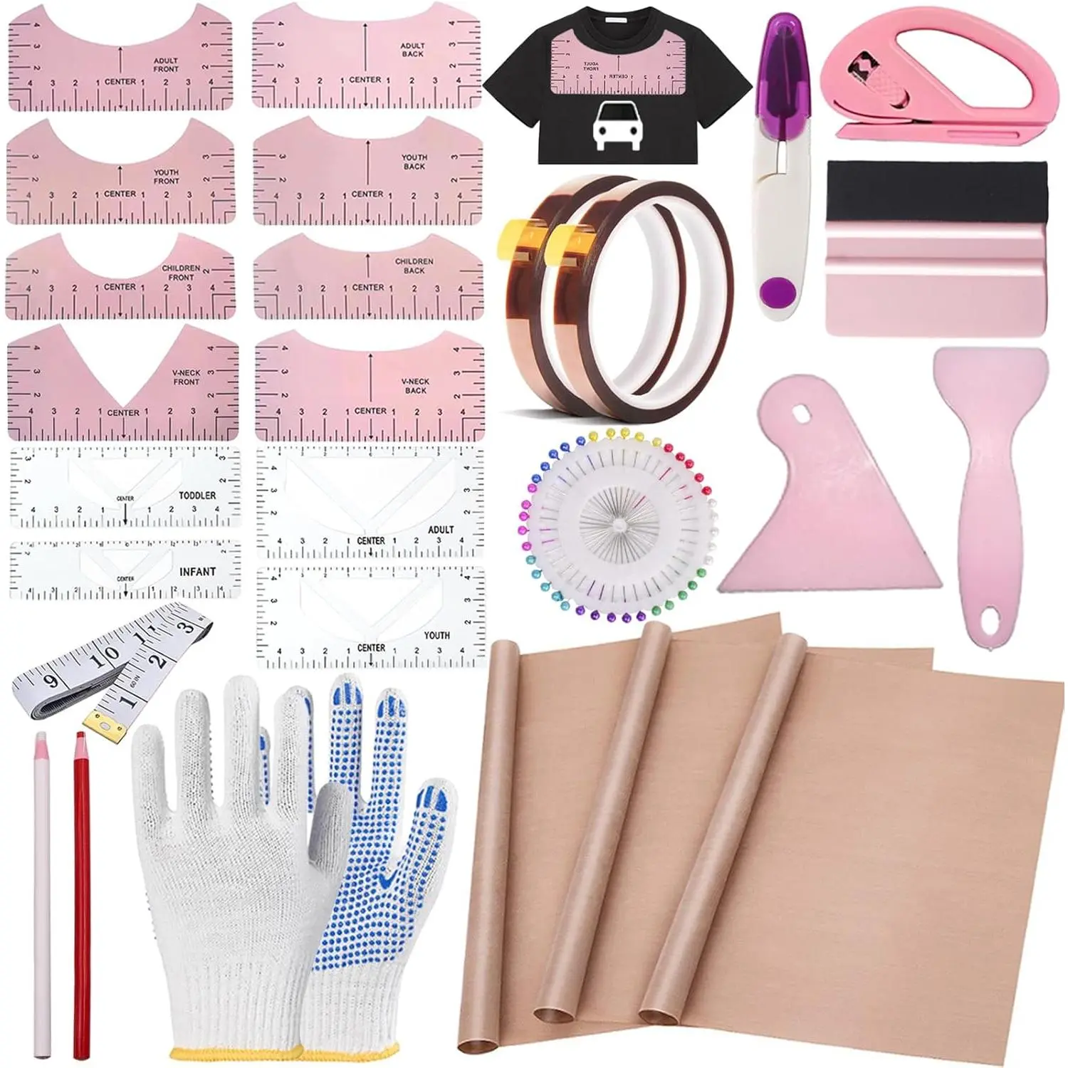 Sublimation Shirts Tool Kits 66 count Shirt Measure Ruler Set  Round  and V- Alignment T-Shirt Guide Ruler Teflon Sheet for Heat Press 12 x 16in Heat Resistant Tape