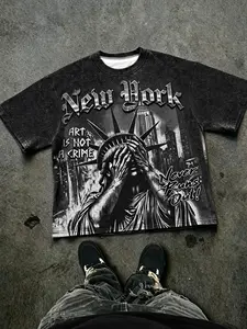 Men's Gothic Liberty Statue Print Loose T-Shirt, Vintage Street Style, Casual Fitted T-Shirt, Suitable for Various Occasions, Fashion, Menswear, Streetwear