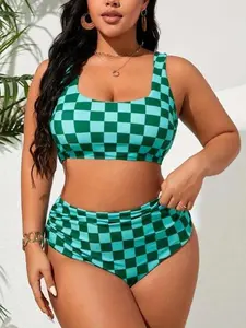 Trendy Plus Size Green Checkered Bikini Set High Waisted Square Neck Top & Cinched Waist Bottom for Poolside Relaxing suit tankini Swimsuit Summer bathing suit one piece swimsuit plus size swimsuits bathing suits for the summer