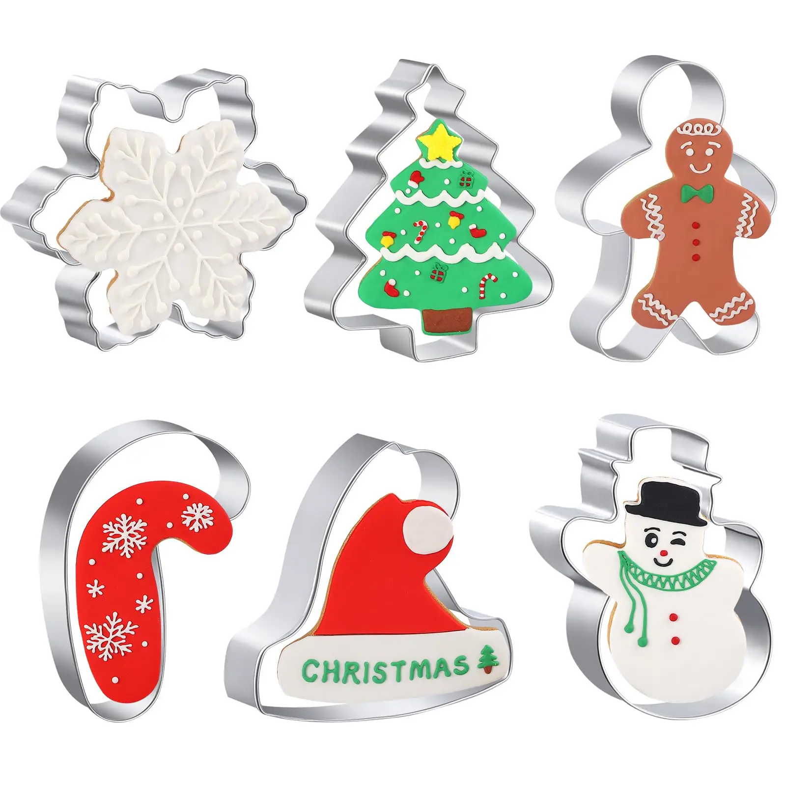 Large Christmas Cookie Cutters - 6 Pcs 4 Inch Holiday Cookie Cutter - Christmas Tree, Santa Hat, Snowflake, Gingerbread Men, Snowman and Candy Cane Shapes Cookie Molds for Winter Holiday DIY Baking