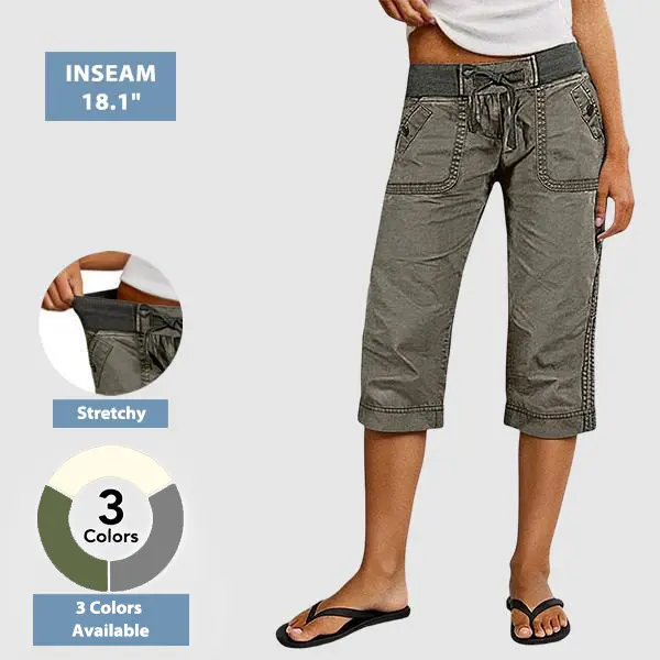 Flamingals Drawstring Button Decor High Waist Straight Leg Capri Pants Summer Vibes Stretchy 18.1 Inseam Flamingals Drawstring Button Decor High Waist Straight Leg Capri Pants Summer Vibes Stretchy 18.1 Inseam