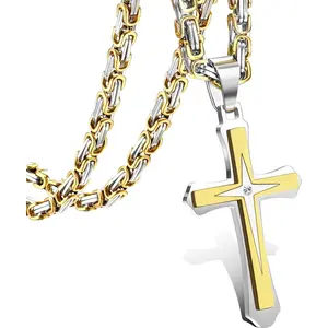 FLORIDECO Black/Golden Cross Necklace for Men Stainless Steel Byzantine Chain With Cross Pendant Necklace Mens Gift 24-30Inches Bling Stylish Accessory