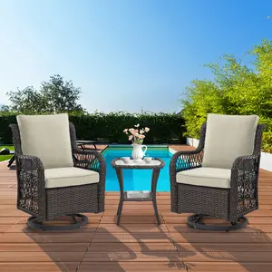 3-Piece Outdoor Patio Bistro Set - PE Wicker 360° Swivel Glider Chairs with Thick Cushions & Tempered Glass Table, Brown Rattan Furniture for Porch, Backyard, Deck