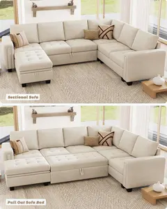 Belffin Modular Sectional Sleeper Sofa with Pull Out Bed U Shaped Sectional Sofa Couch with Storage Ottoman Velvet Covertible 7-Seater Sofa for Living Room