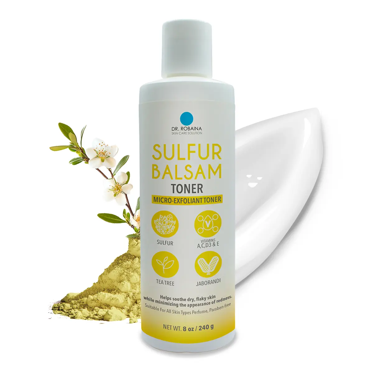 Dr. Robaina Sulfur Balsam Body Toner - Alcohol-Free Liquid for Oily & Flaky Skin (8 fl oz)