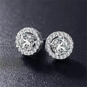 Moissanite Round Halo Stud Earrings, 925 Sterling Silver Plated, D Color VVS1 Clarity, Solitaire with Accents, Bridal & Party Jewelry