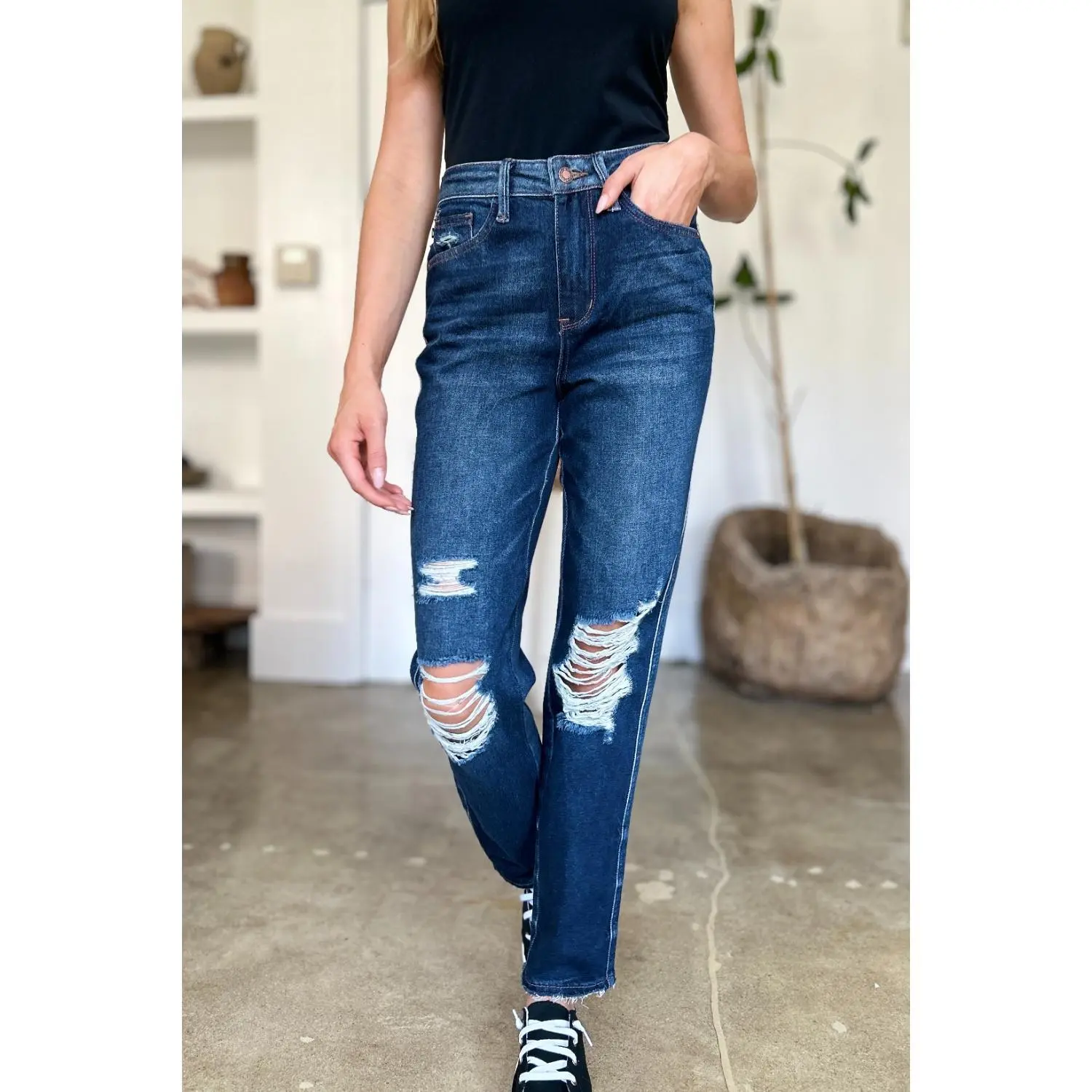 Judy Blue Full Size High Waist Rigid Magic Heavy Destroy Straight Jeans Cotton Denim