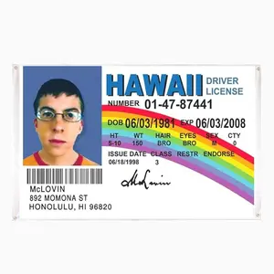 Funny Fake ID Banner Flag,HAWAII DRIVER LICENSE 3x5 Feet Fun Flag for Indoor Outdoor Room Decor, University Dormitory Flags, Unique Party Decoration