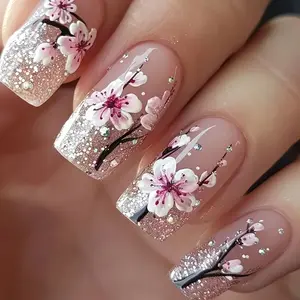 Spring Essential Fake Nails, Nude Floral Flower Nails Silver Glitter Elegant Rhinestone Decorated Mix, Reusable Medium Long Square Nail Extensions, 24 Pieces Set