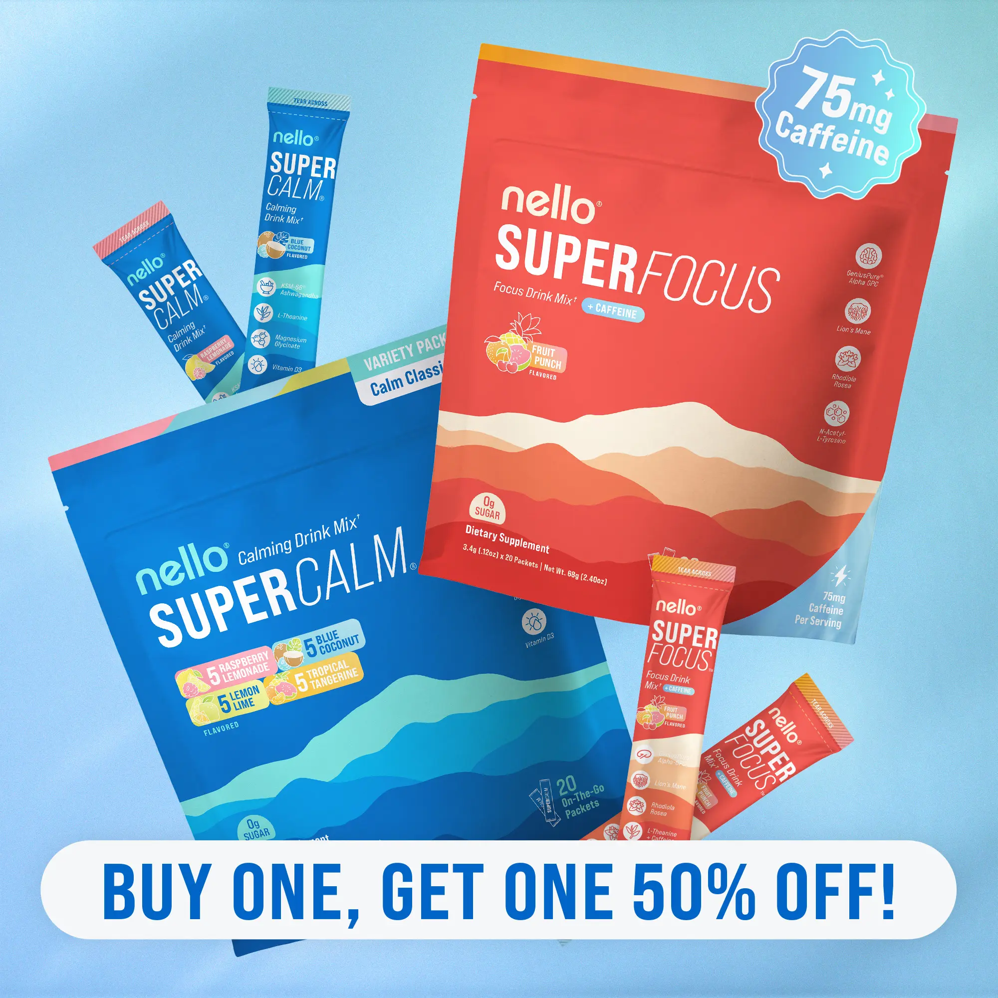 Nello Superfocus & Supercalm Bundle: 1 Supercalm Variety Pack (Pack of 20) + 1 Superfocus Travel Packets with 75mg of Caffeine (Pack of 20): Your One Stop Shop for Both Mental Focus and Relaxation