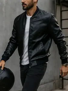 Men's PU Leather Jacket, Fitted Classic Casual Style, Classic Biker Style, Zipper Baseball Collar Coat, Long Sleeve Side Pockets Design, Menswear