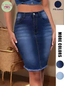Women's Plus Size Summer Casual Tight Denim Skirt, Button Front Design, Pockets, Plain Pattern, Short Length, Comfortable Fit Womenswear