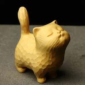 1pc Super Cute Tsundere Cat, Pure Hand Carved Boxwood Kitten Model Ornament, Gift for Girls
