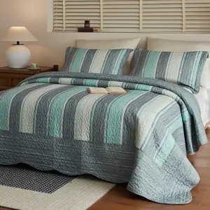 3-Piece Lightweight Polyester Modern Striped Quilt Bedspread Set - Breathable Soft Durable Fabric - Calming Shades of Grey Teal Cream - Queen Size - Easy Care Machine Washable Fade-Resistant