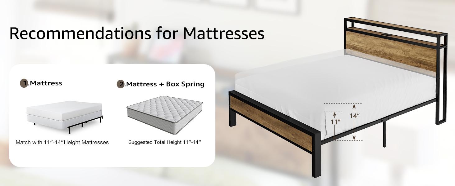 AMERLIFE Industrial Full /Queen/King Size Bed Frame,  Rustic Metal Bed Frame with 2-Tier Storage Headboard and Charging Station, No Box Spring Needed/No Mattress/Small Unique Home Furniture Room/Best Gift Ideas/Christmas Gifts