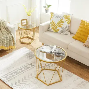 Small Coffee Table Set of 2, Round Coffee End Table with Metal Frame, Glass Top, Gold Side Table for Living Room, Bedroom and Balcony