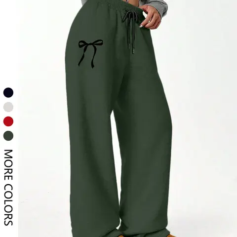 Women's Casual Loose-Fit Long Pants Trouser, Bow Print, Daily Fashion, Loungewear, Womenswear, Versatile Home & Outdoor Wear, All Seasons Comfortable Fit, Casual Fashion Trousers, Bottoms