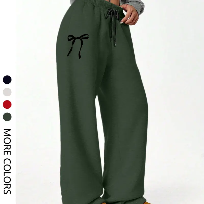 Women's Casual Loose-Fit Long Pants Trouser, Bow Print, Daily Fashion, Loungewear, Womenswear, Versatile Home & Outdoor Wear, All Seasons Comfortable Fit, Casual Fashion Trousers, Bottoms