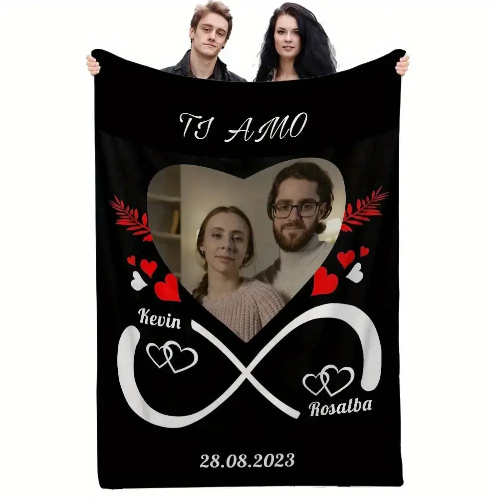 Customized Commemorative Anniversary Photo Blanket - 50inch*60inch Crochet Soft Breathable Flannel, Personalized Lover-Infinity-Animal Design Valentine Gift for Couples, Suitable for Bedding-Sofa, Grandparents Keepsake, Valentine's Day, Durable