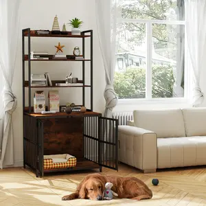 COSTWAY - Wooden Dog Crate Furniture with Storage Shelves and Double Doors-Rustic Brown