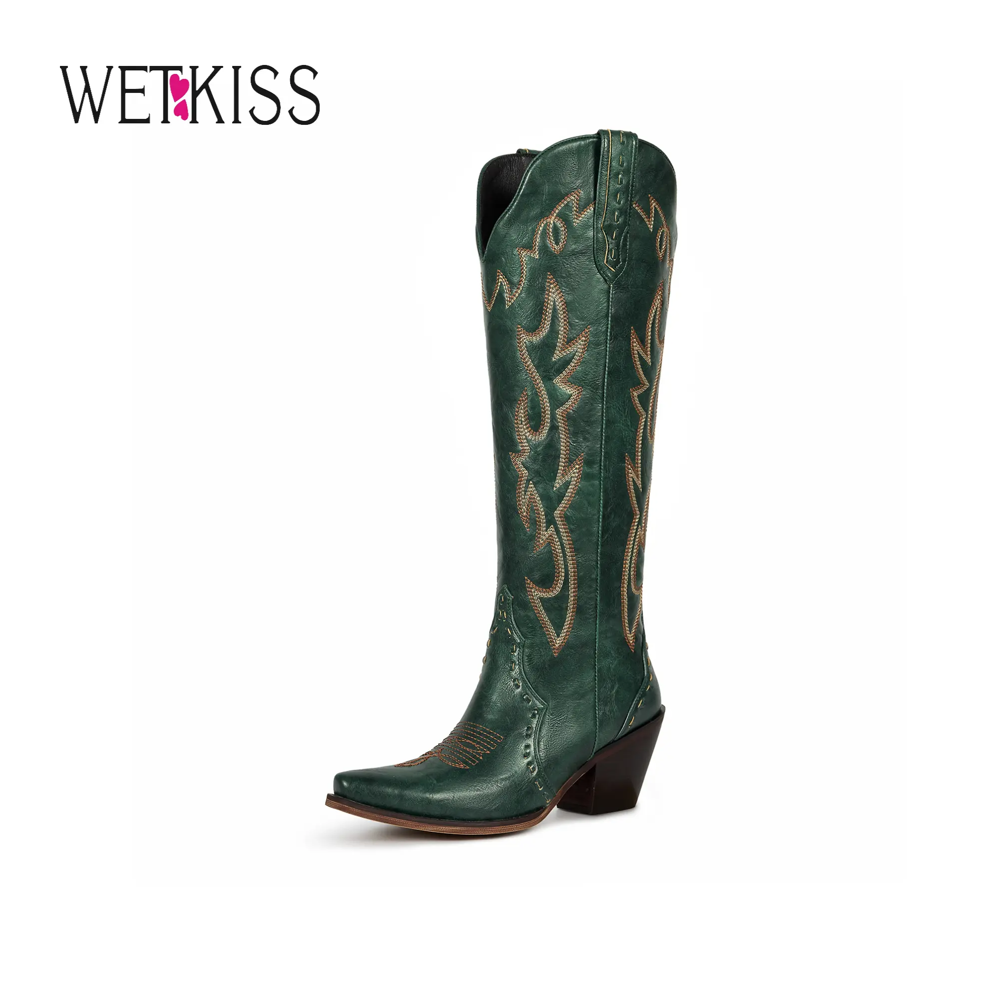 Wetkiss Flame Cowboy Boots for Women – Knee High Snip Toe Chunky Heel, Side Zipper, Breathable Splicing Design, Perfect for Festivals & Everyday Wear, shoes for back to school#WeeklyDeals #tiktokshopbacktoschool