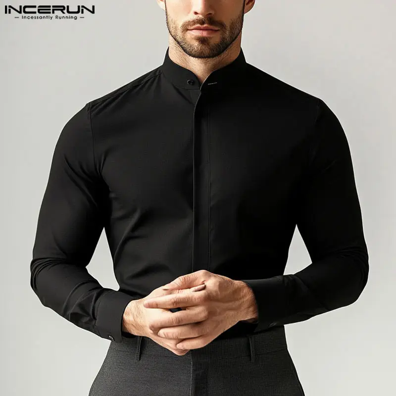 3 Colors INCERUN Men Long Sleeve Solid Shirts Stand Collar Blouse Button Down Shirts