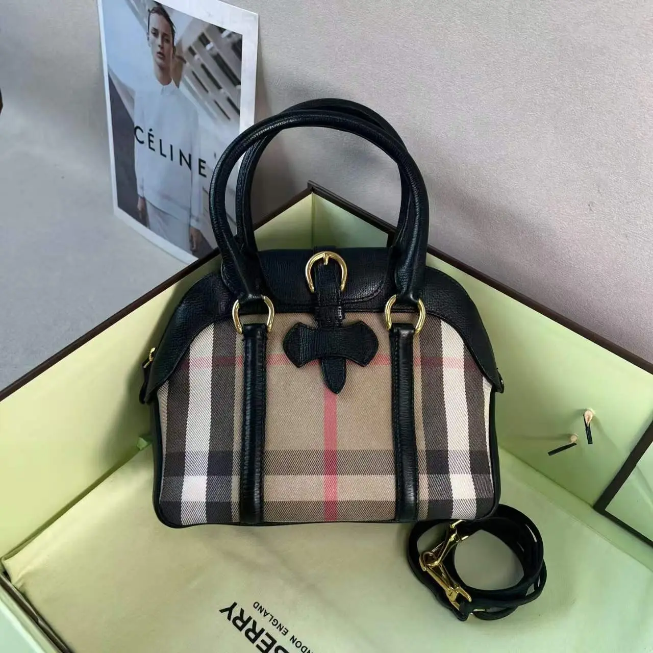 Pre-owned BURBERRY Black Checkered Calf Leather & Cotton Linen Shell Crossbody Bag Aesthetic Handbag, Casual Trendy Handbag, Fashion Patterned Bag 0803KI/C8358248802, Shell Bag