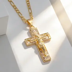14K Gold Plated Jesus Cross Necklace for Men Women Dainty Cubic Zirconia Crucifix Pendant Classic Religious Christian Jewelry Father's Day Birthday Gift