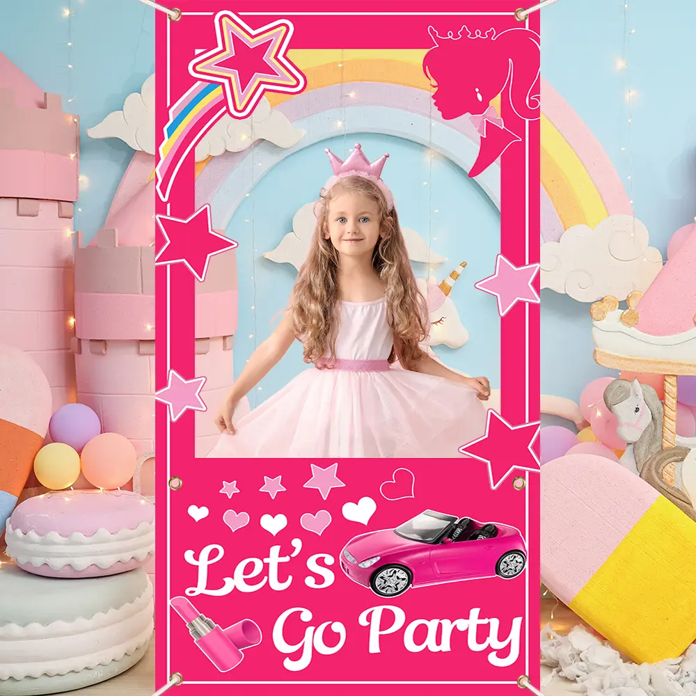 Hobaner 35x71 in Polyester Hot Pink "Let's Go Party" Photo Prop Accessories, Decorating Supplies for Girls' Birthday Princess Parties