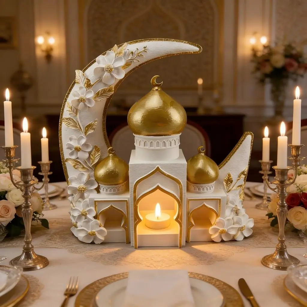 1 PC Ramadan Crescent Moon Mosque Tealight Holder Flower | Islamic Table Decor Gift Candle Display Festive Atmosphere Ornament