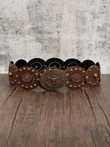 Women's Coffee Western Cowboy Style Bohemian Wide Waist Belt, PU Leather Rivet Decor, Versatile for Dresses, Shorts, Pants, Parties