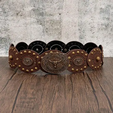 Women's Bohemian Western Style Wide Waist PU Leather Fashion Belt, Rivet Decor, Versatile Accessory for Parties & Daily Wear, Coffee Brown