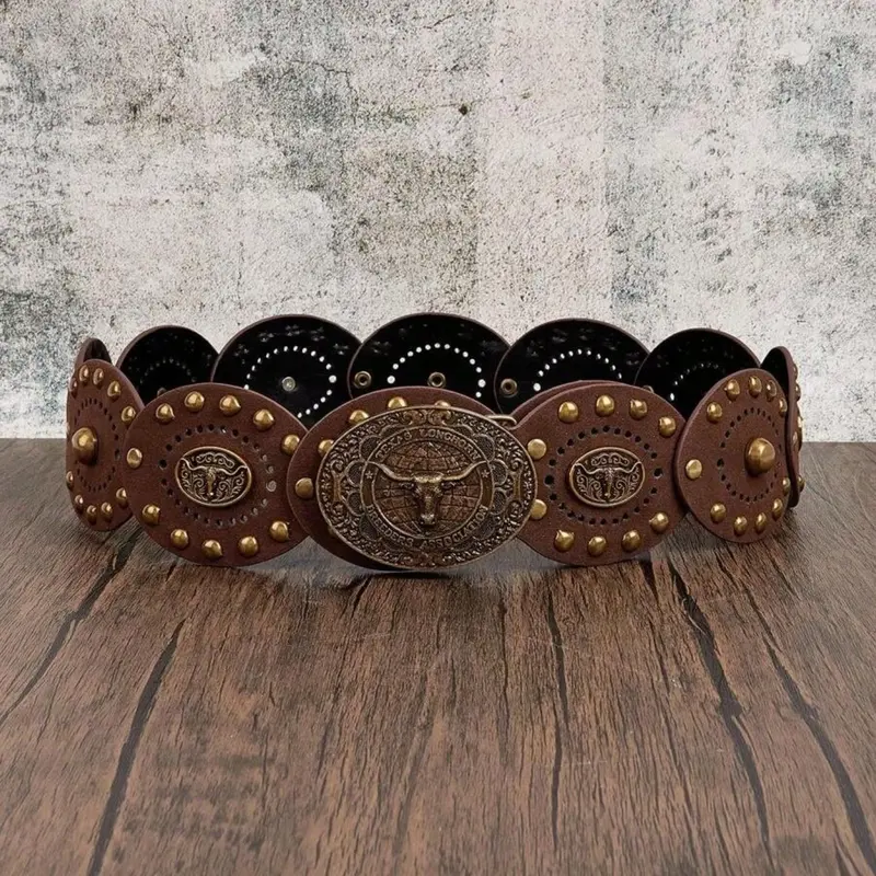 Women's Bohemian Western Style Wide Waist PU Leather Fashion Belt, Rivet Decor, Versatile Accessory for Parties & Daily Wear, Coffee Brown